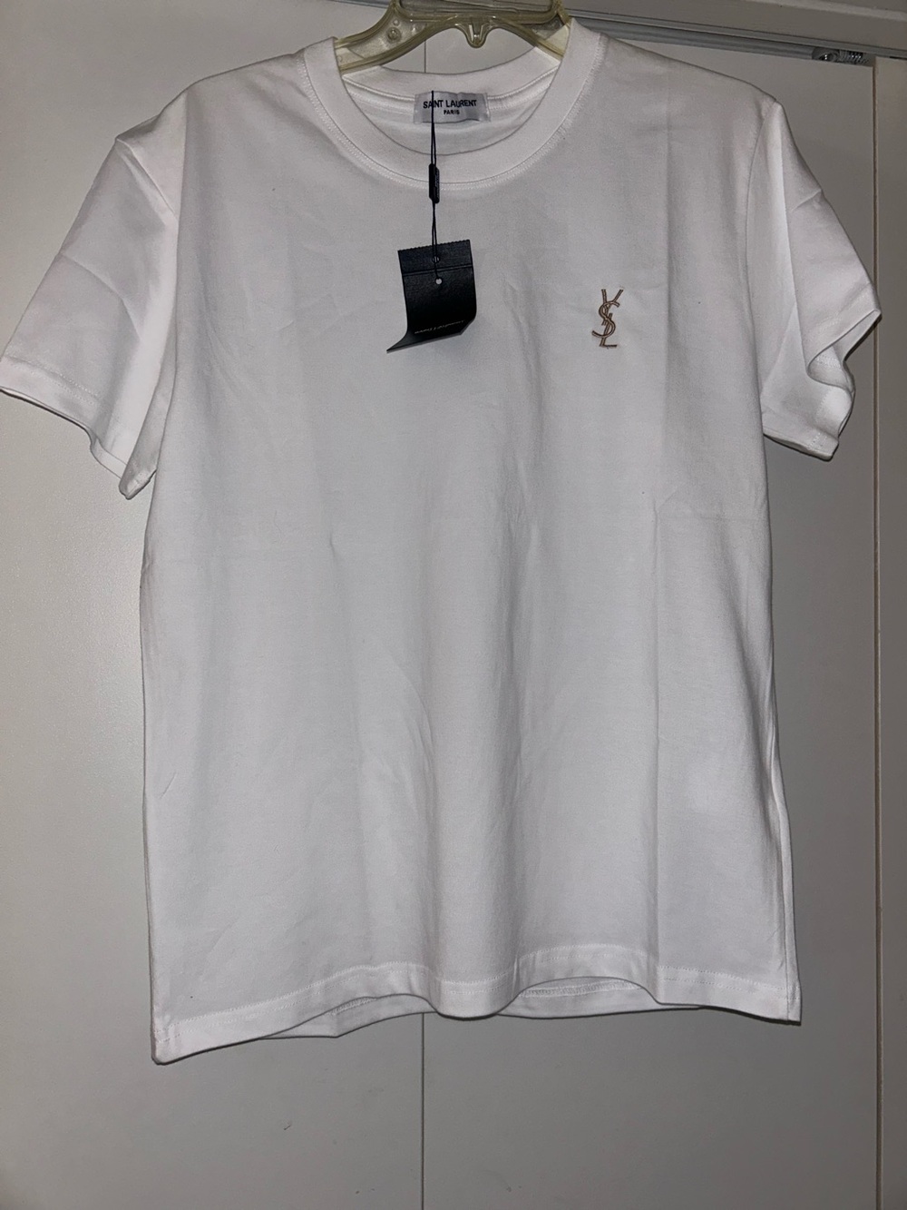 Yves Saint Laurent White Crewneck T-Shirt with Gold YSL Emblem